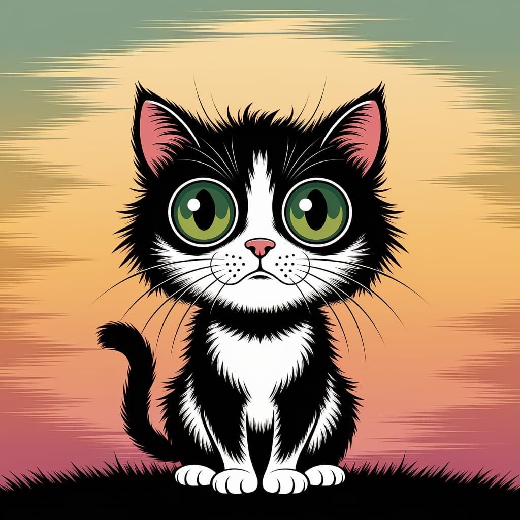 Mysterious Scruffy Cat in Pastel Skies