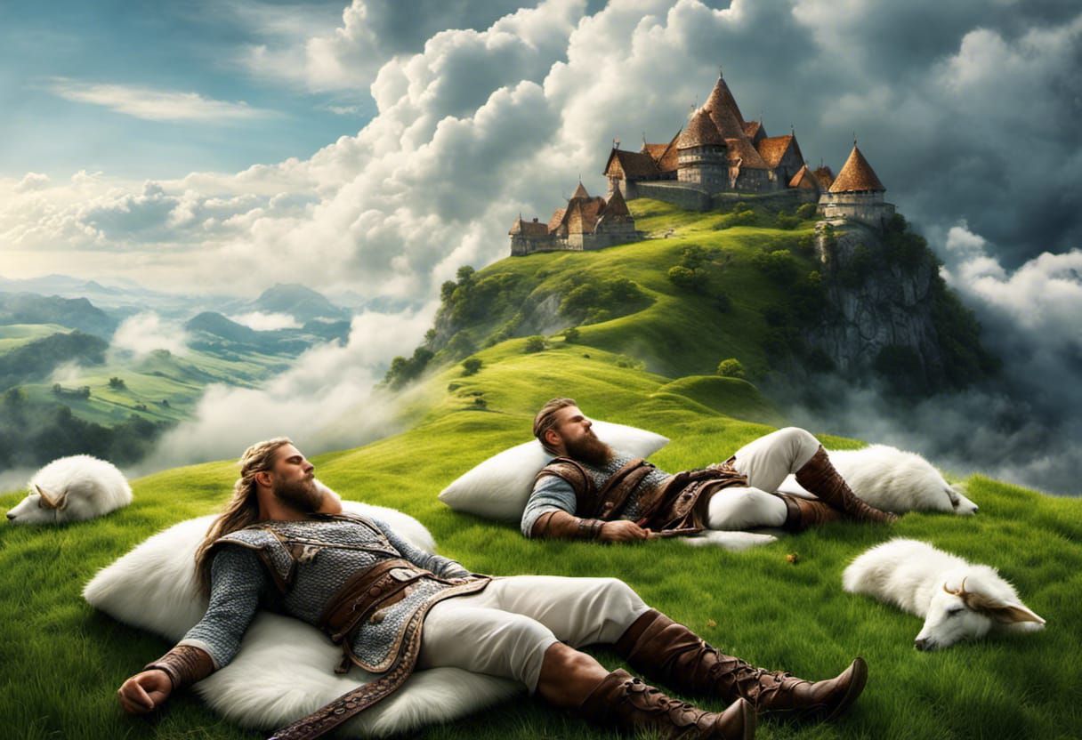 Vikings Sleeping on Pillows in a Norse Landscape