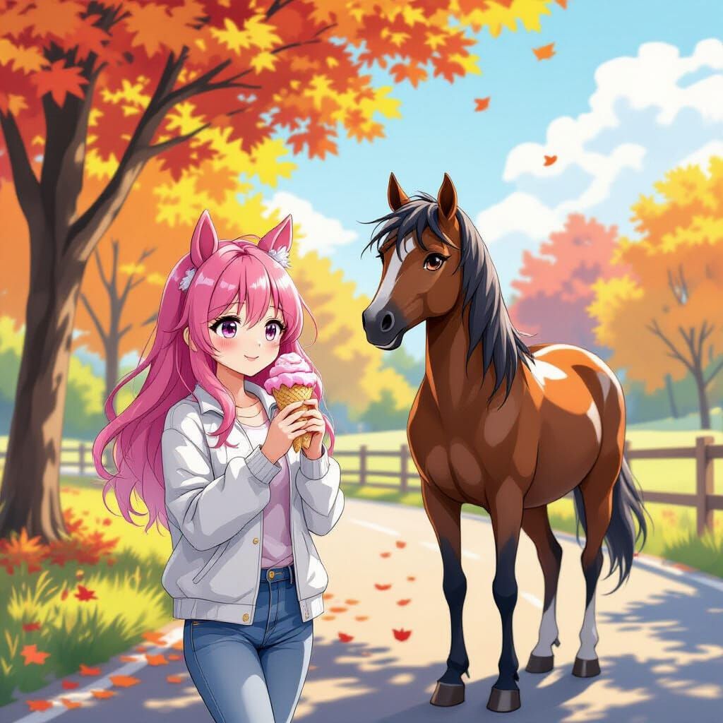 Anime Girl with Pink Hair and Horse Ears Walks with Horse in...