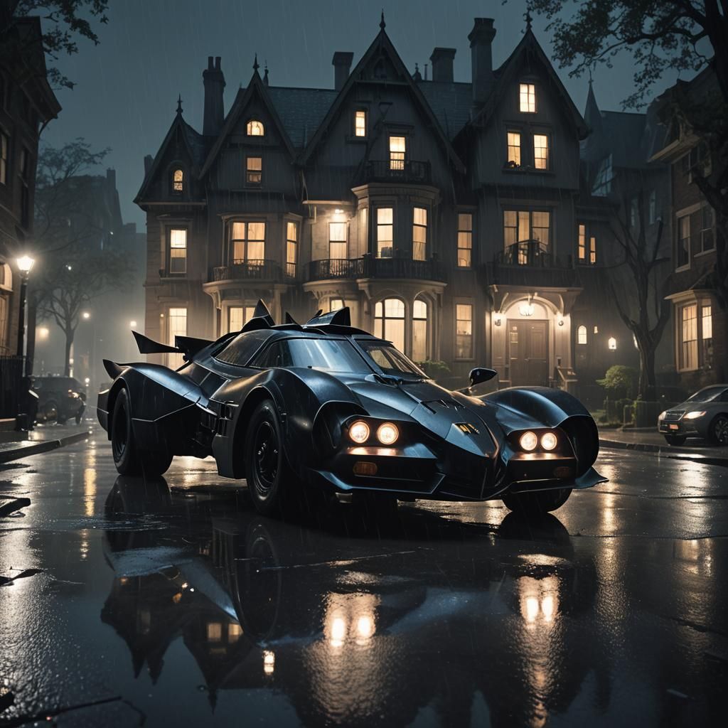 Batmobile in Gotham City: Gothic Noir Film Still