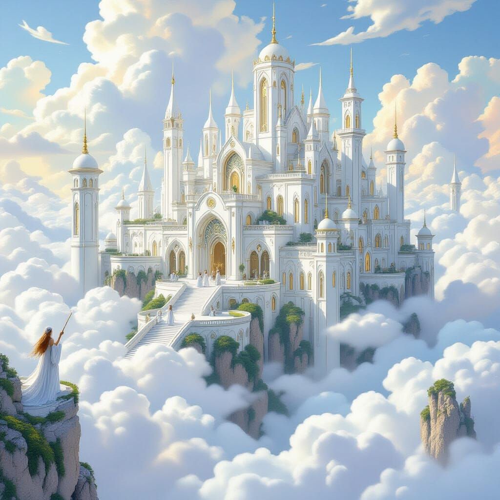 Serene Elven City in the Clouds, Art Nouveau Style