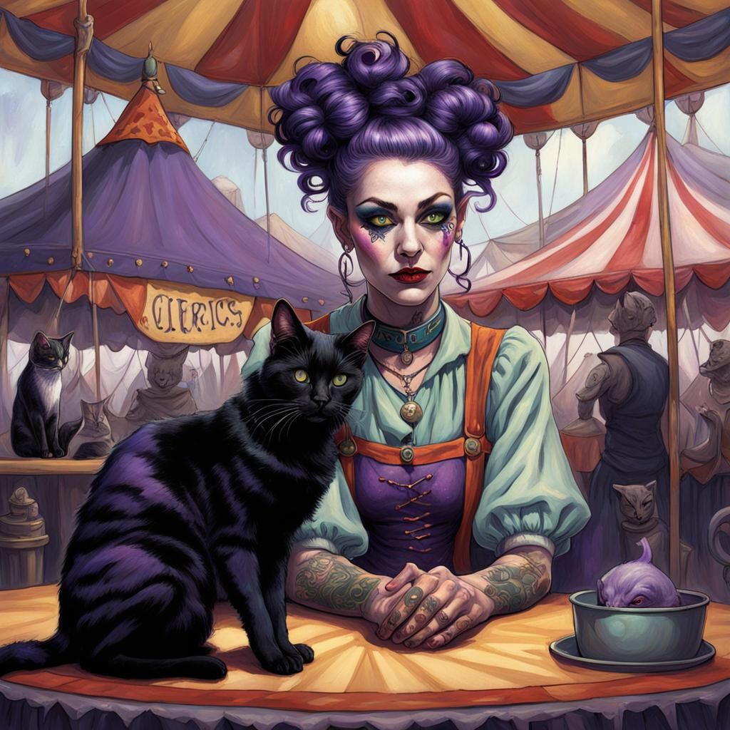 Elven Tattooed Woman with Cat in Circus Tent