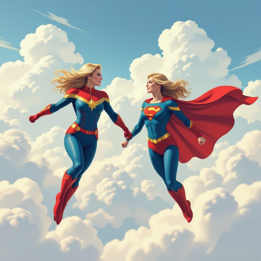Supergirl and Captain Marvel Flying Among Clouds