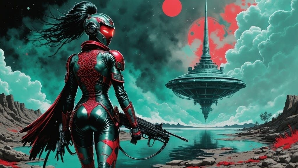 Cyborg Geisha Assassin in Dystopian Cyberpunk Landscape