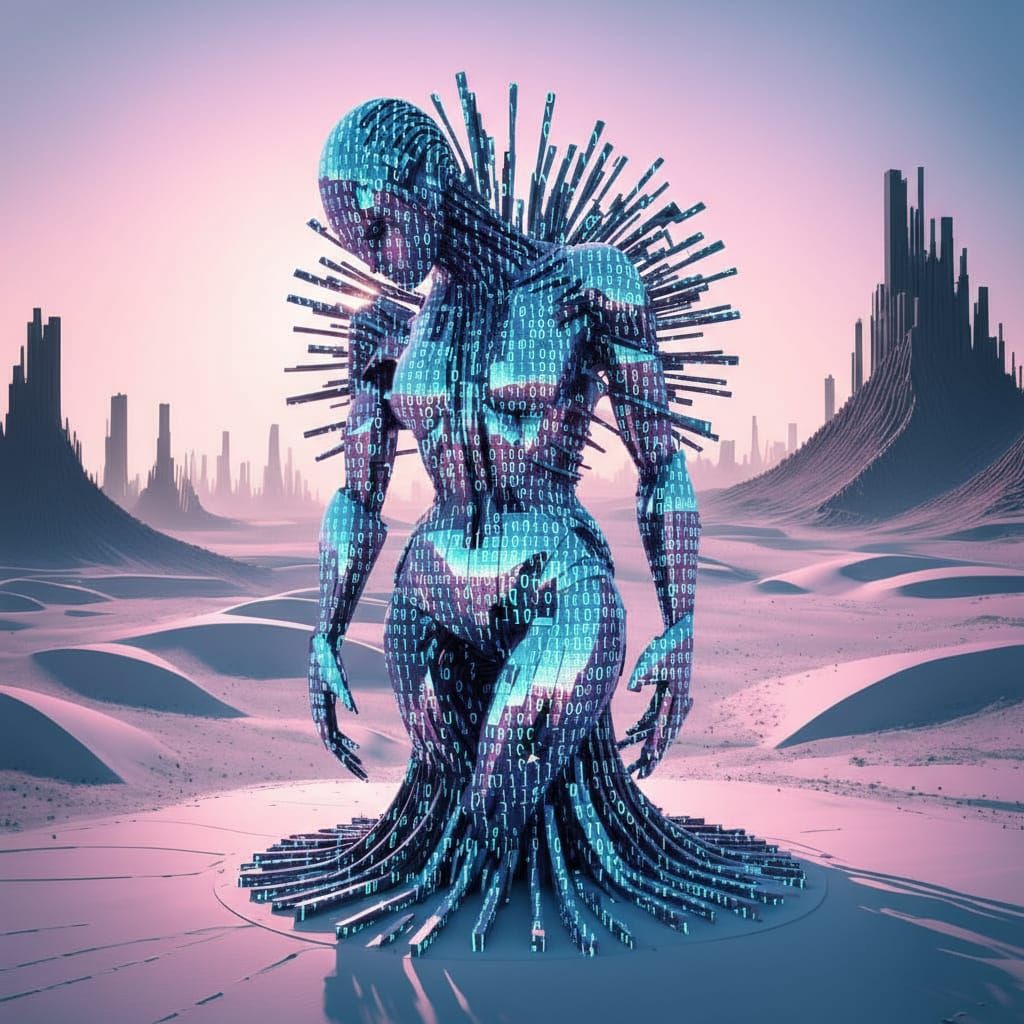 Colossal Binary Code Sculpture in Digital Wasteland