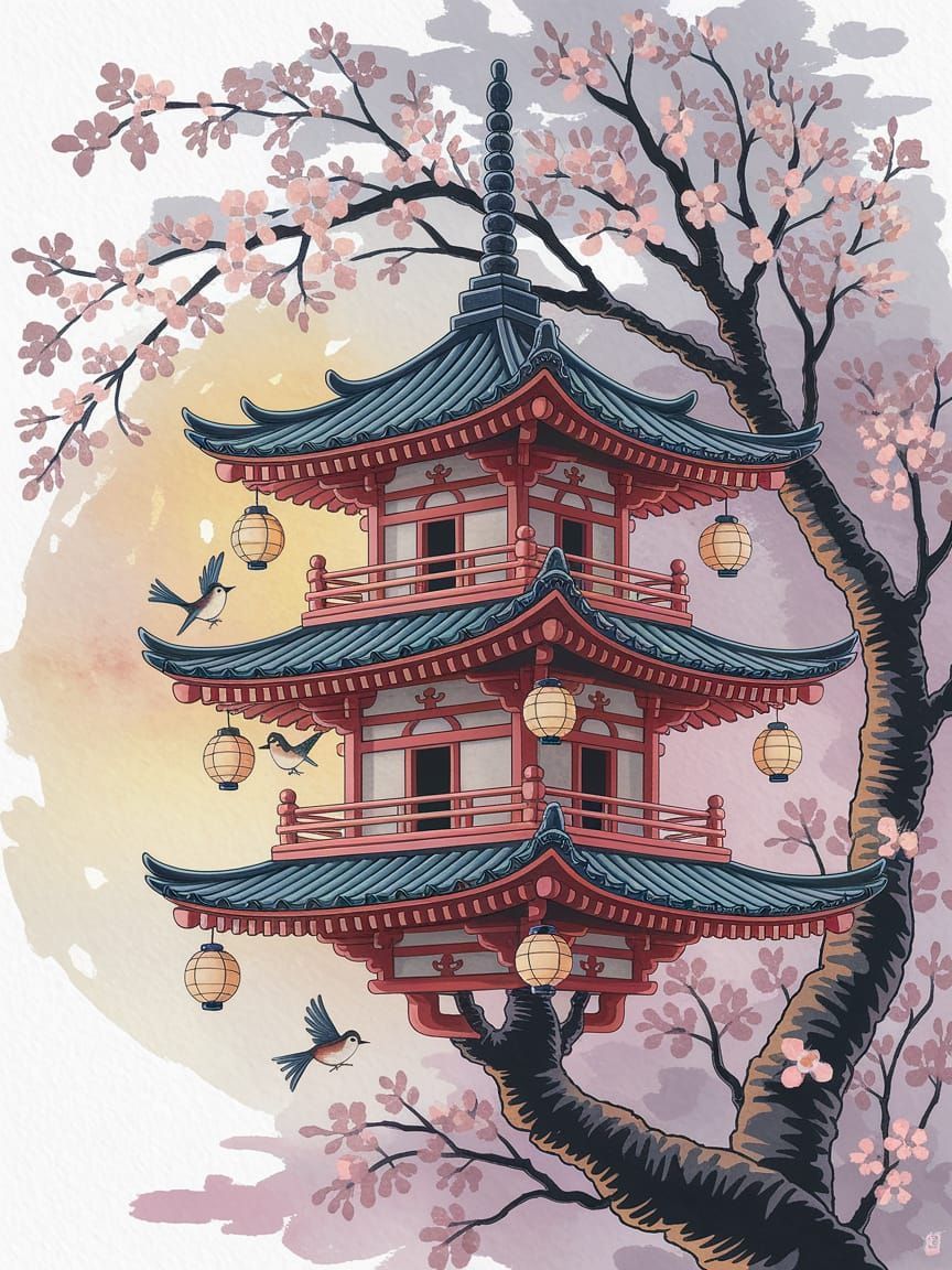 Whimsical Japanese Pagoda Birdhouse in Watercolor Style