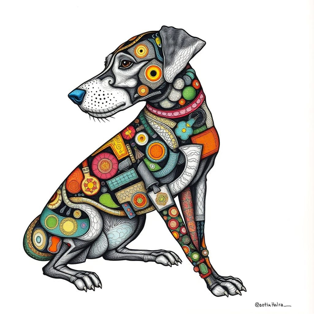 Psychedelic Orthopedic Dog Drawing in Art Deco Style