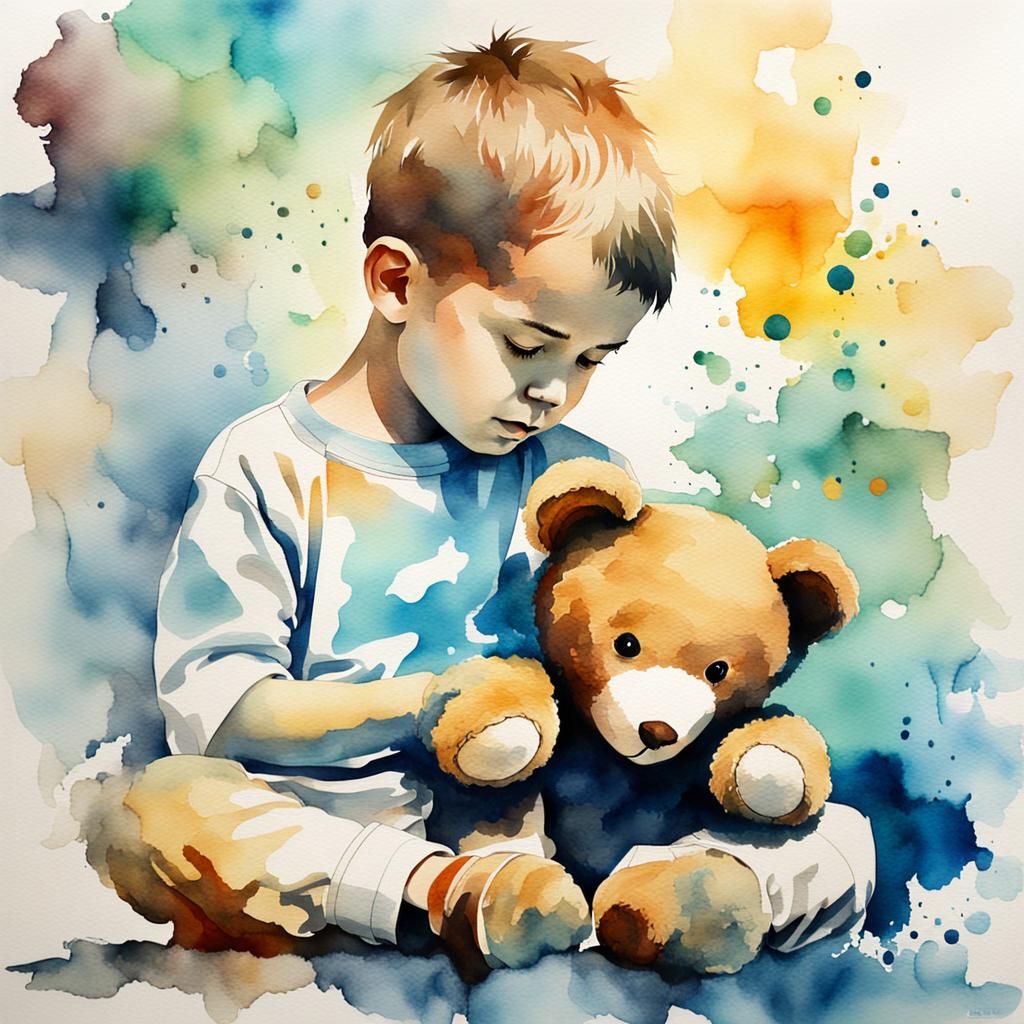 Watercolor Boy and Teddy Bear Double Exposure