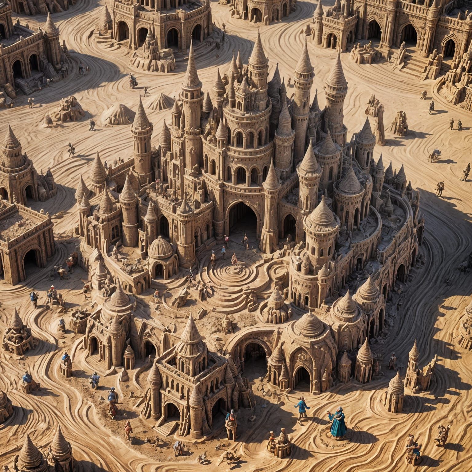 Families Creating Sand Sculptures: Detailed Matte Painting