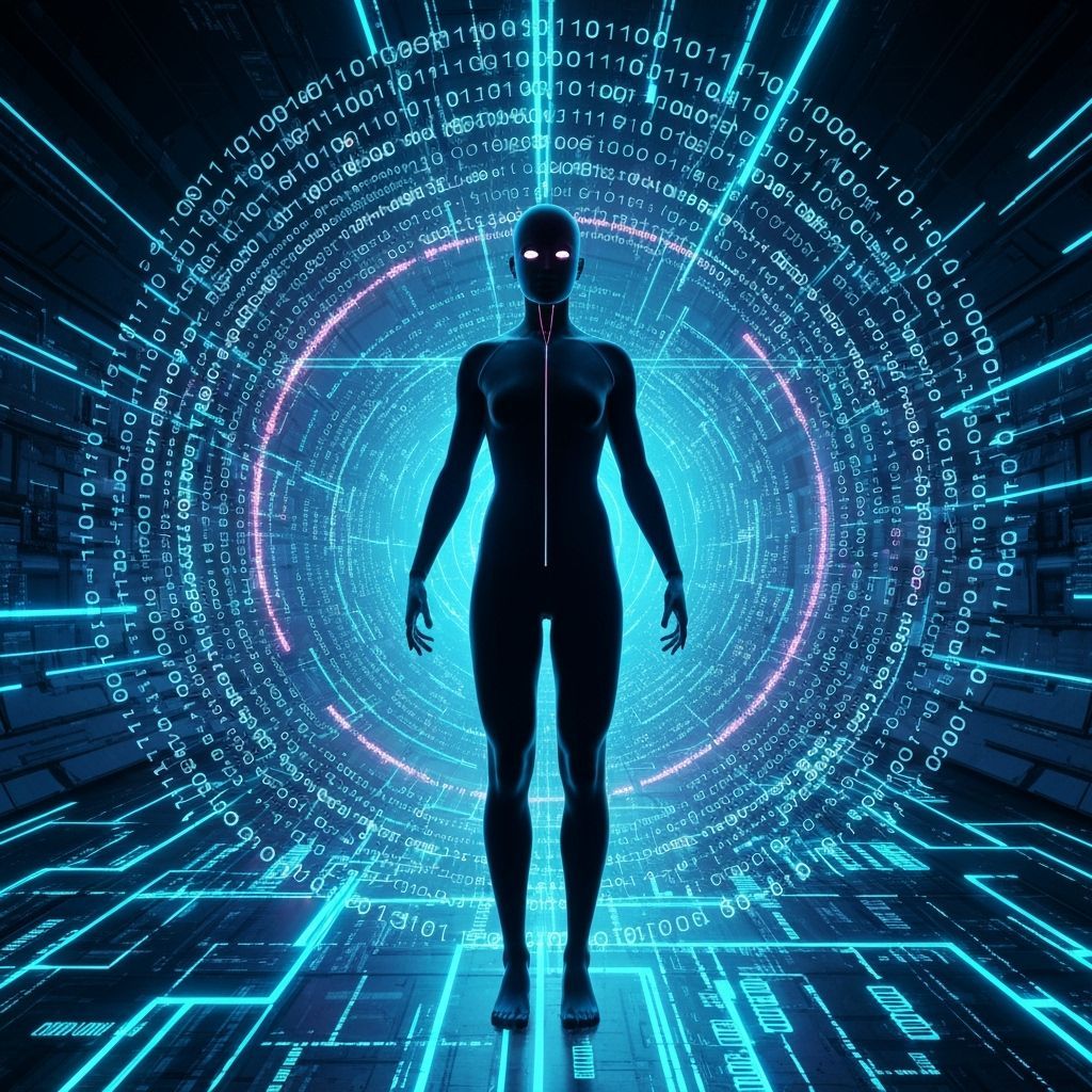 Holographic Humanoid in Neon Realm: Cyberpunk Digital Art