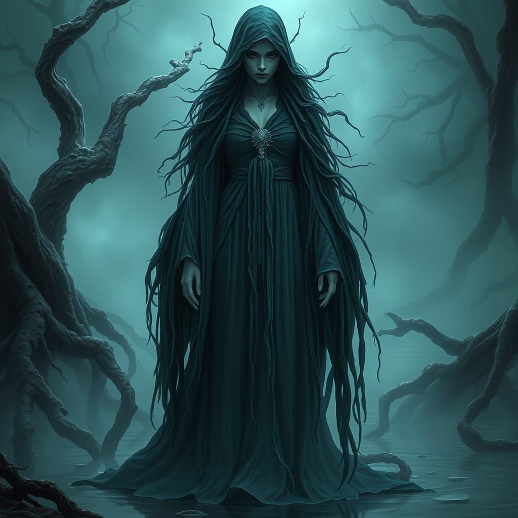 Dark Fantasy Water Goddess in Aquamarine Robes