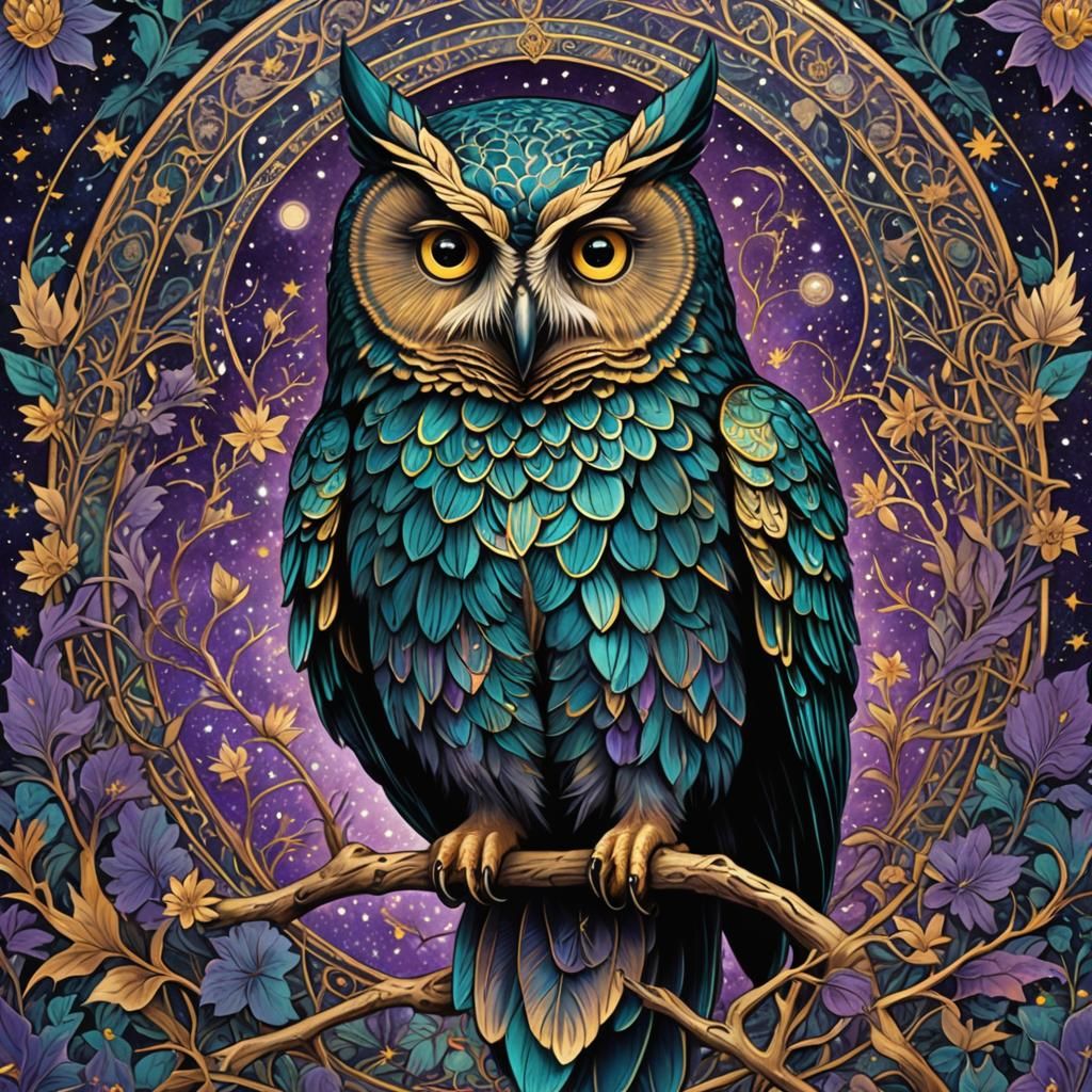 Mystic Teal Owl in William Morris Style