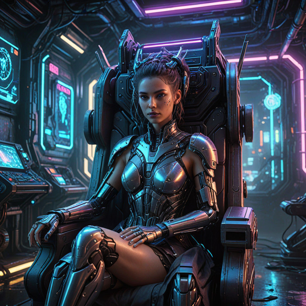 Cyberpunk Goddess on Glowing Throne in Neon-Lit Futuristic R...