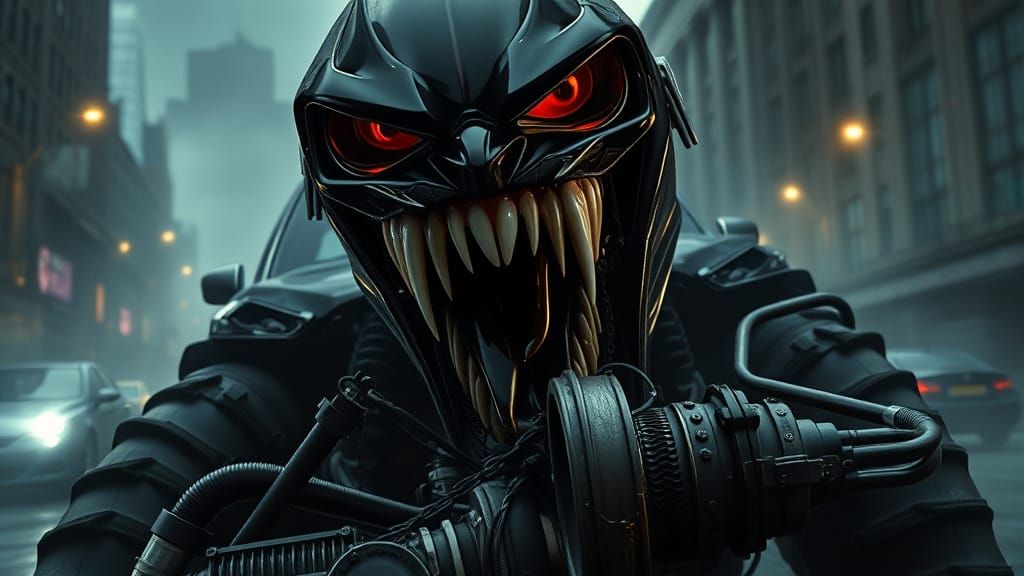 Gothic Vampire Muscle Car Devours Engine in Dark Cityscape