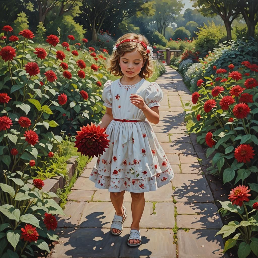 Girl Collecting Dahlias in Garden, Oil Painting