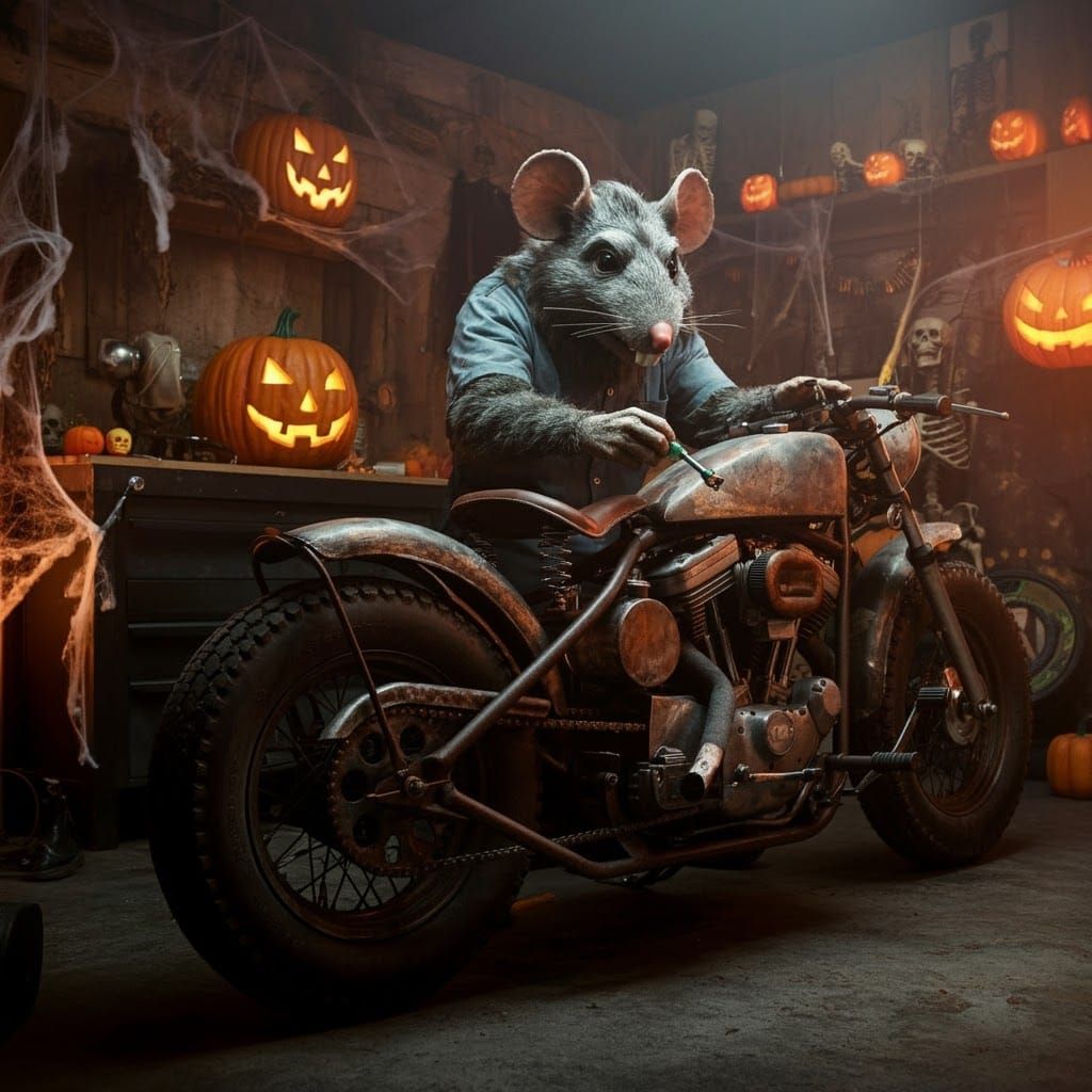 Ratfink Monster Lubricates Motorcycle in Halloween Garage