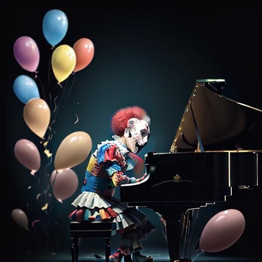 a clown playing a grand piano and singing a sad song🎈✨️🎊♦️...