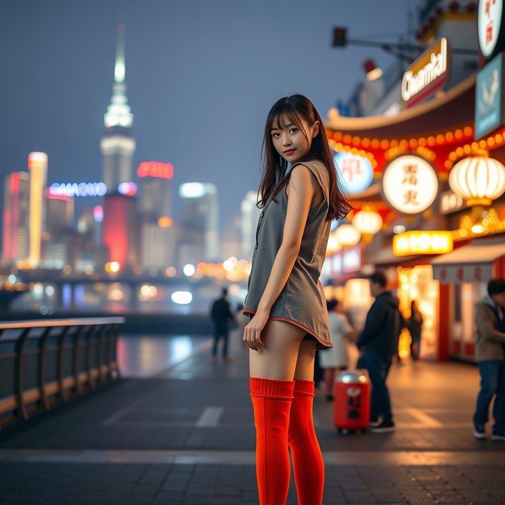 Japanese Kogal Girl in Vibrant Yokohama Cityscape