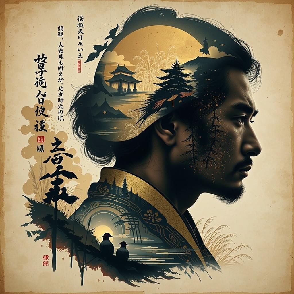 Translucent Onna-Bugeisha Silhouette with Winter Riverscape