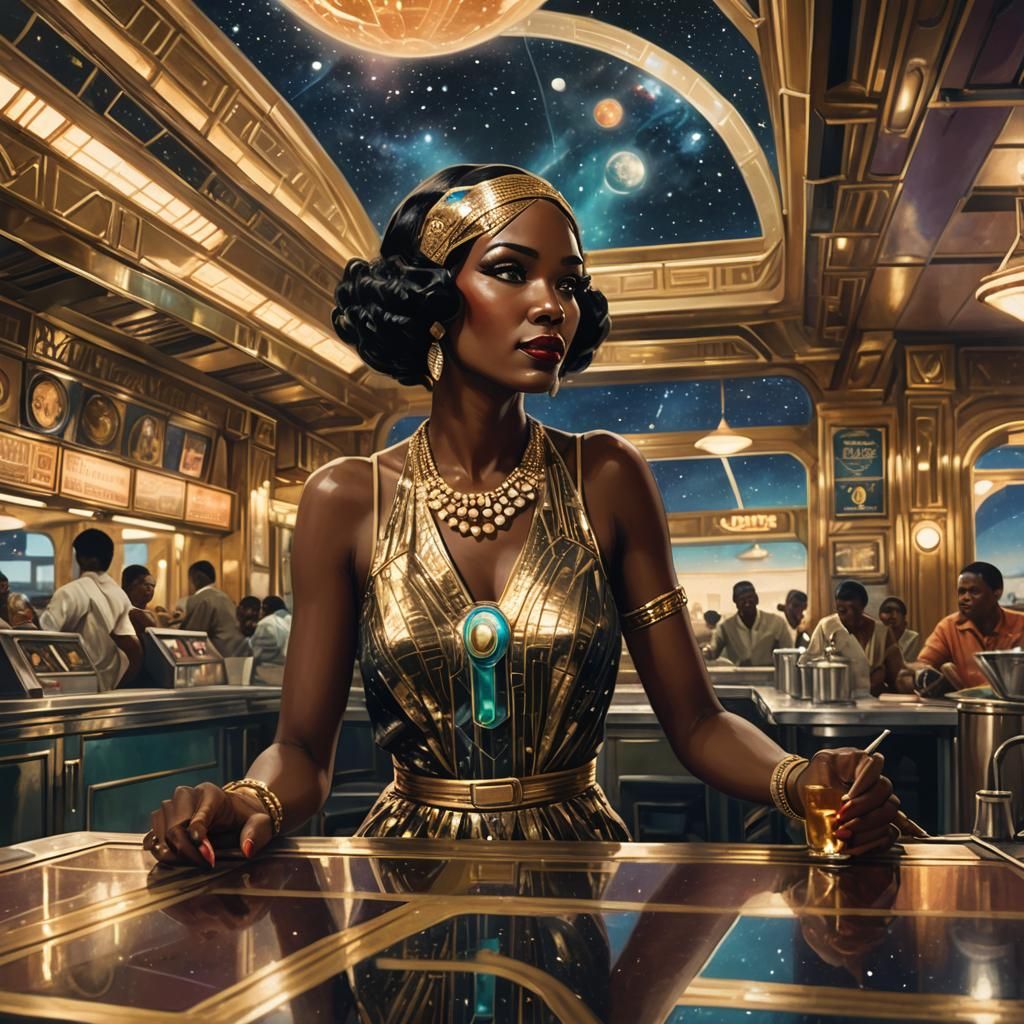 Nigerian Flapper from the 1920s at  a 1920s diner in space