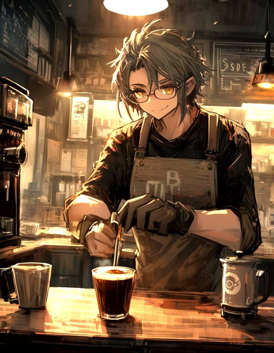 Barista Boy Brews Espresso in Cozy Coffee Shop