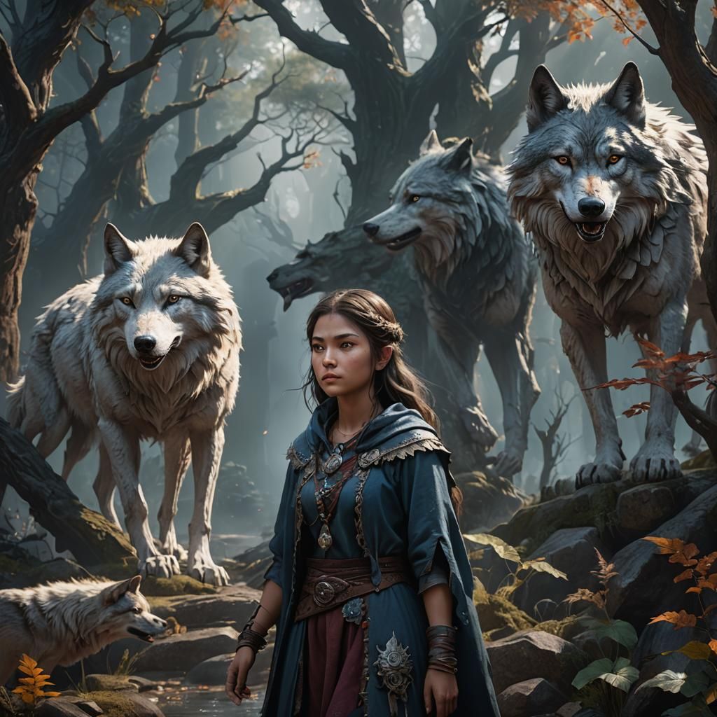 Young Girl with Wolf Spirit in Detailed Digital Painting
