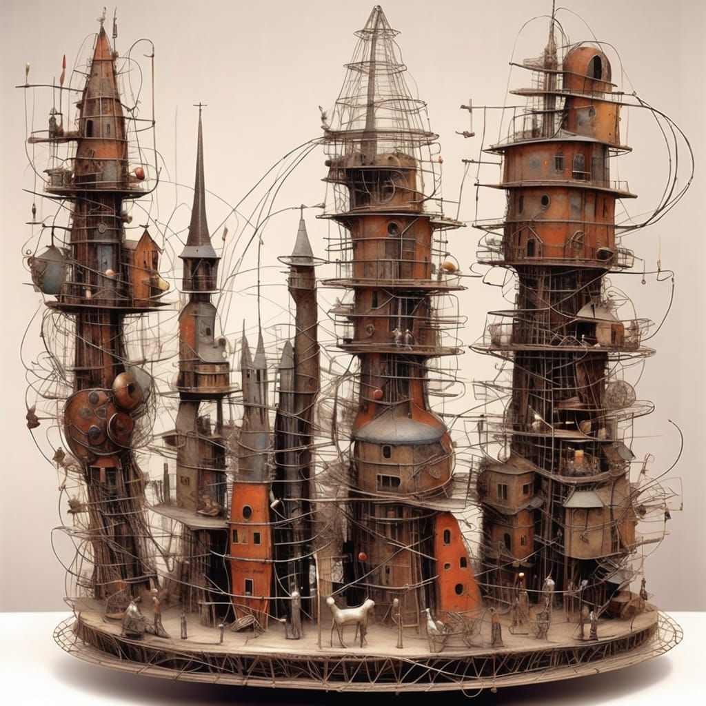 Wire Sculpture City in Style of Hieronymus Bosch