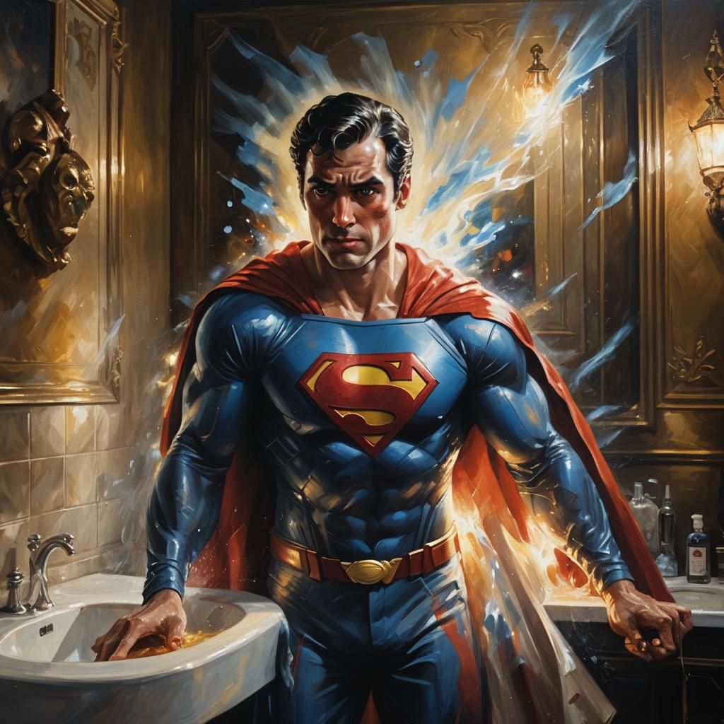 Superman cleaning bathroom in restaurant, God, entity, supre...