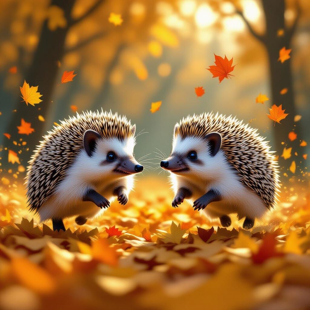 Hedgehogs Playing in Golden Autumn Leaves
