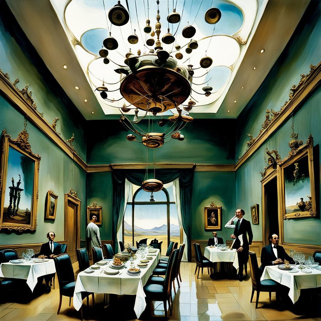 Art by Salvador Dalí, an elaborate dining room set with furniture and dinnerware suspended above, guests seated around a...