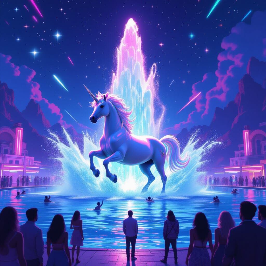 Unicorn Ocean Fountain in 80s Disco Style