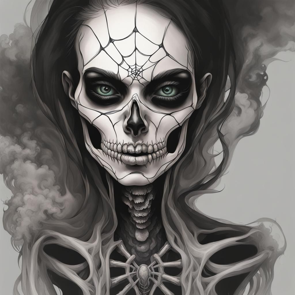 Angry Female Skeleton with Spider Web Tattoos