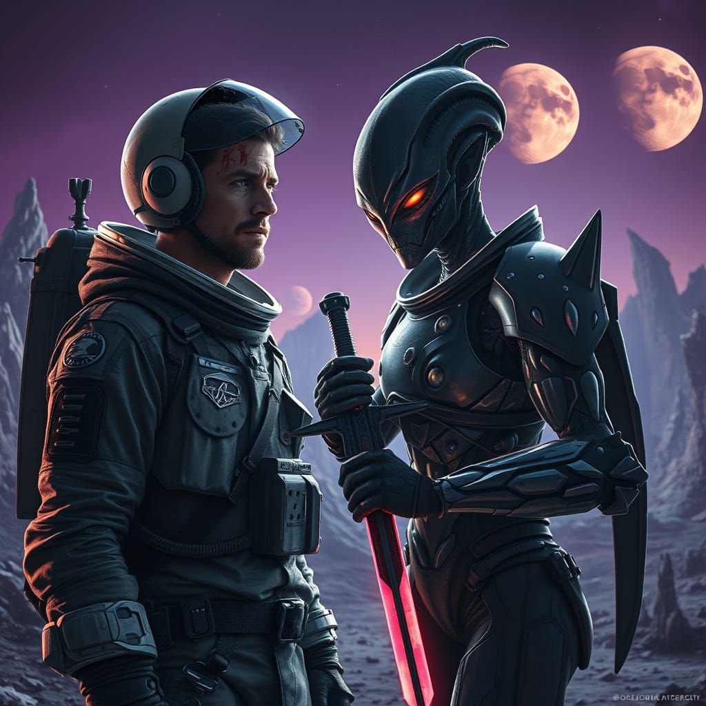 Cyberpunk Astronaut Confronts Armored Alien Warrior in Inten...