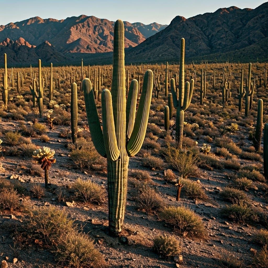 Majestic Desert Mountains with Towering Cacti in a Serene La...