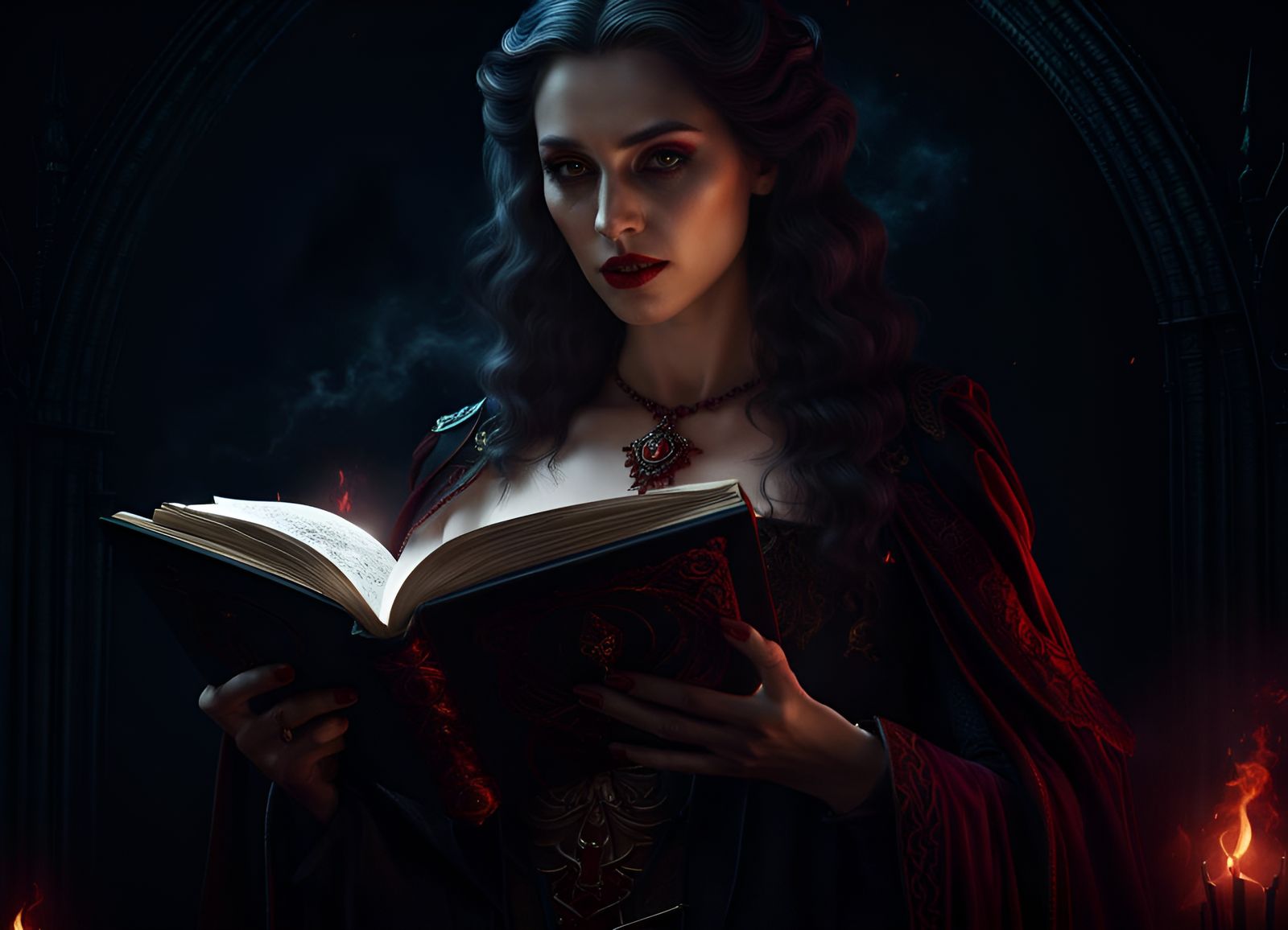 Vampire Woman with Magic Book, Digital Art
