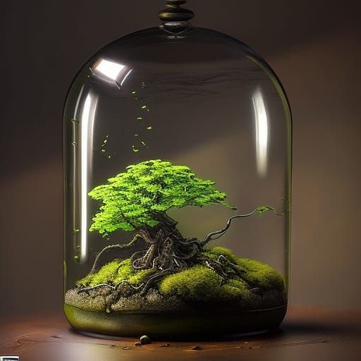 Mossy Bonsai Tree in Glass Cloche: Dreamy Illustration
