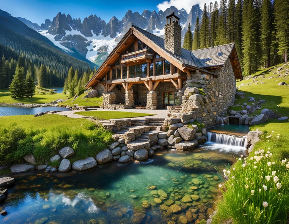 Stone House by Alpine Lake with Timber Framework