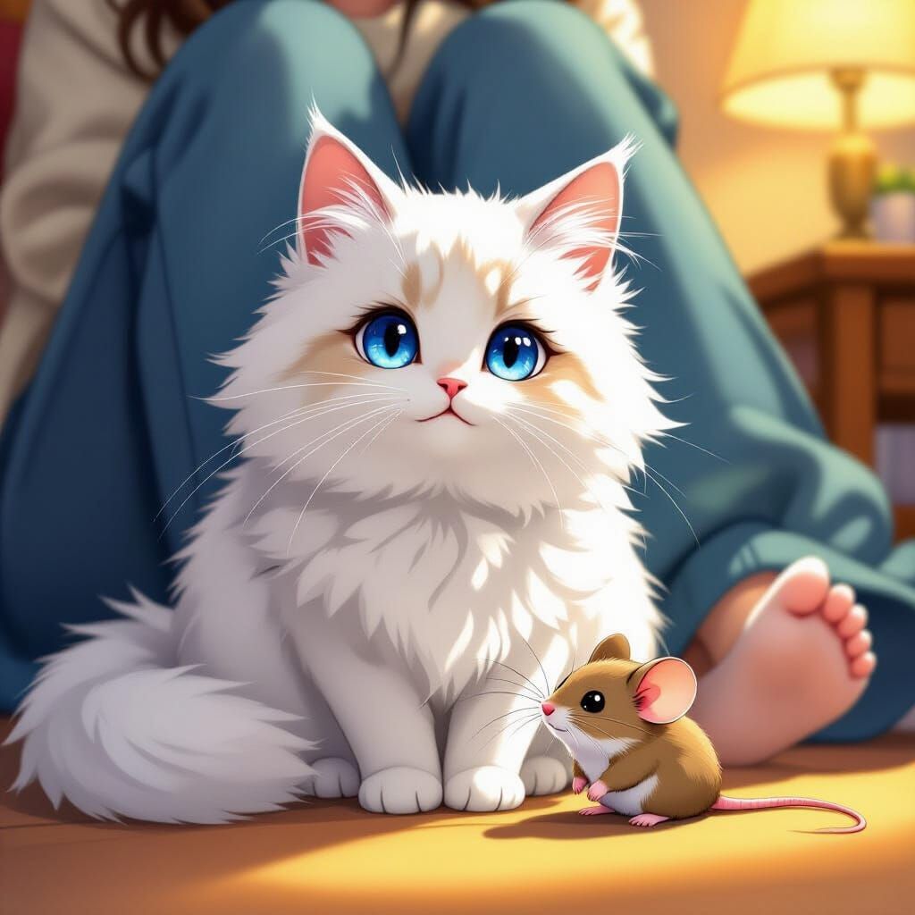 Fluffy White Cat and Mouse in Warm Anime Style