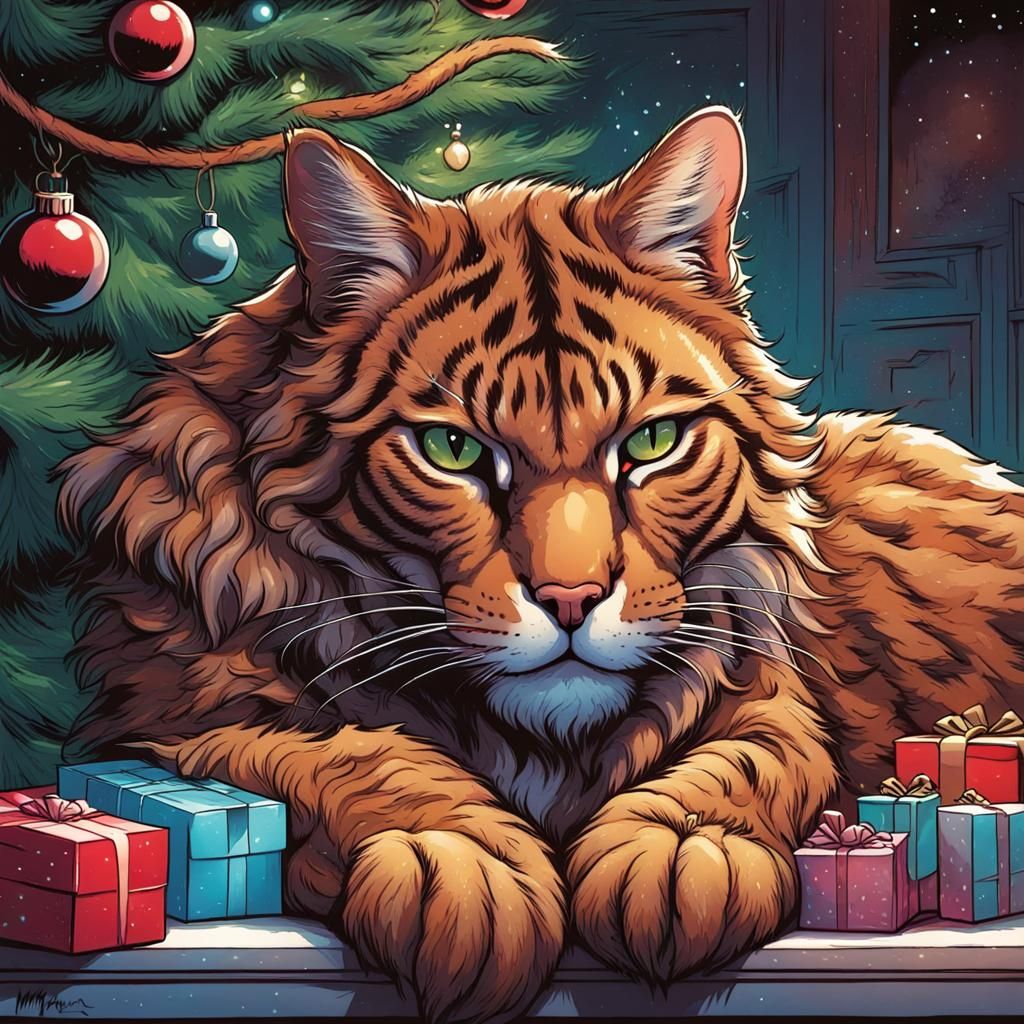 Big Cat Portrait with Christmas Tree in Comic Art