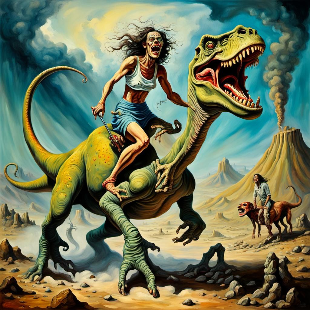 Surreal Zombie Cavewoman Rides Brontosaurus in Dali Style