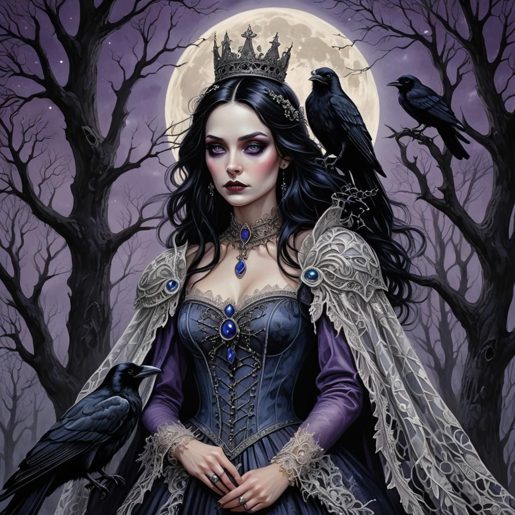 Gothic Witch Portrait with Raven in Moonlight