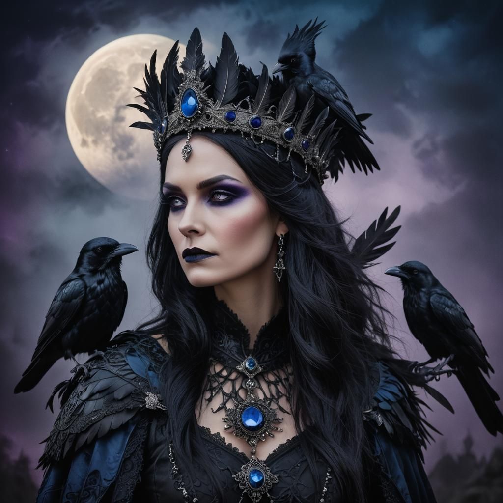 Gothic Witch Portrait with Raven in Dark Fantasy Style