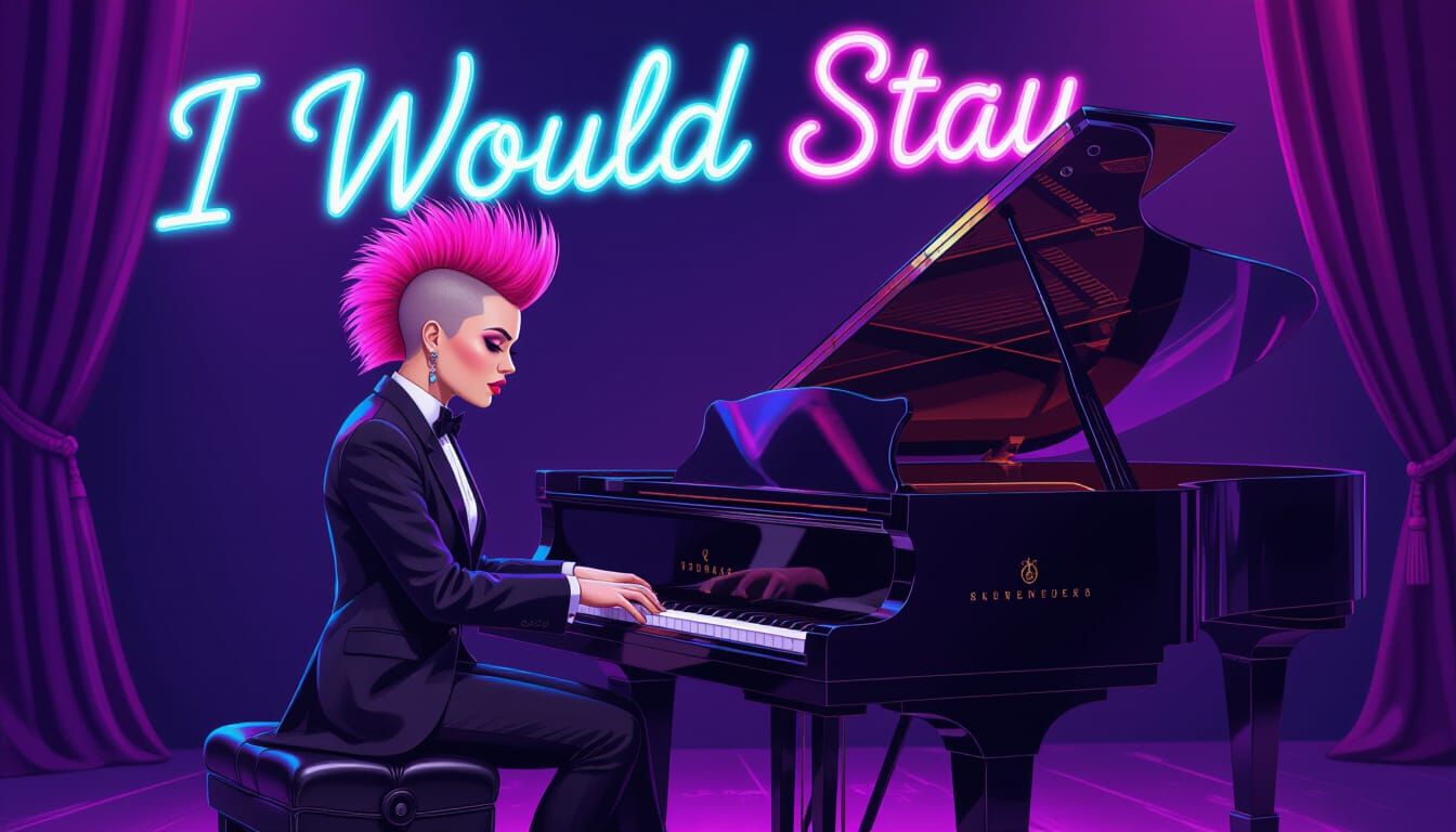 Punk Woman Plays Piano on Stage in Digital Art