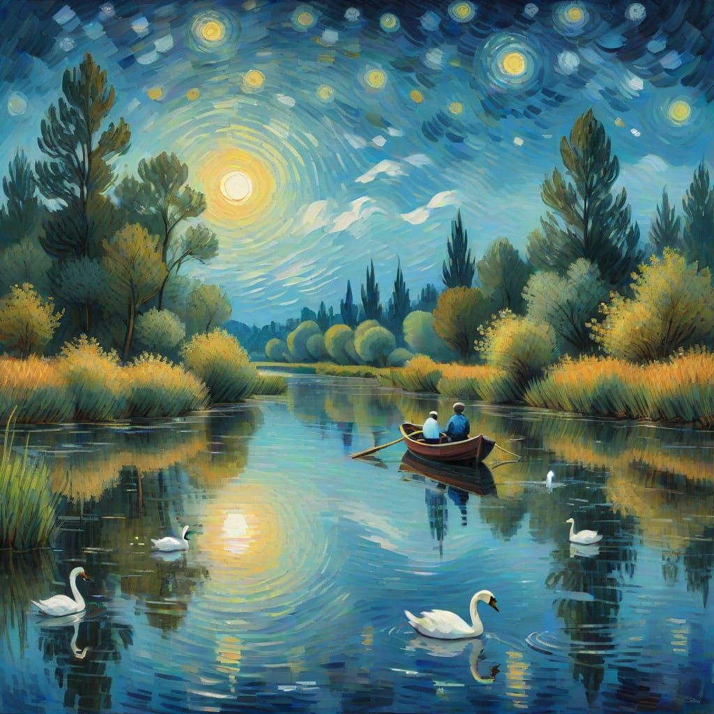 Moonlit Serenity on a Van Gogh-Inspired River Landscape