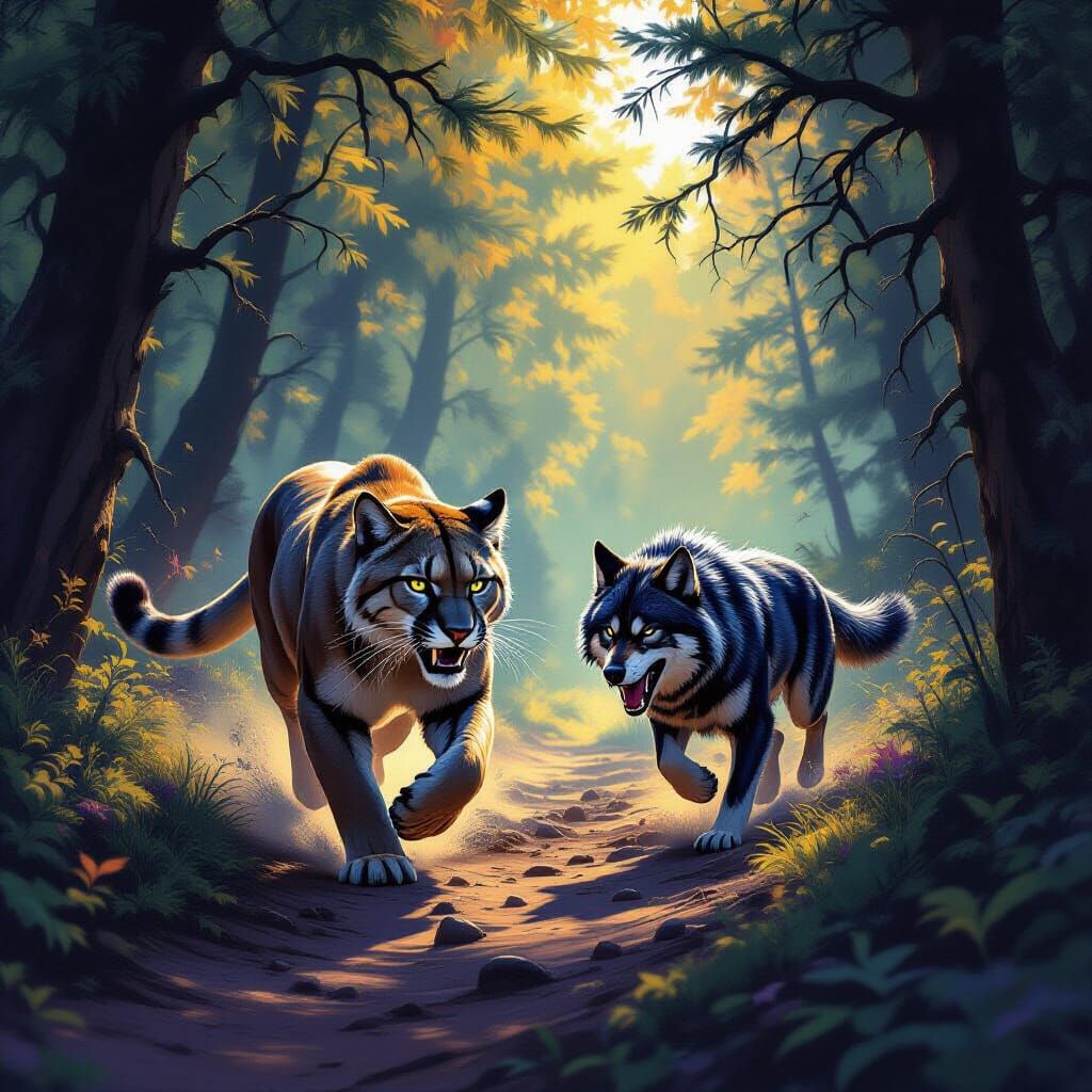Mountain Lion and Wolf on Forest Trail - Dark Fantasy Art