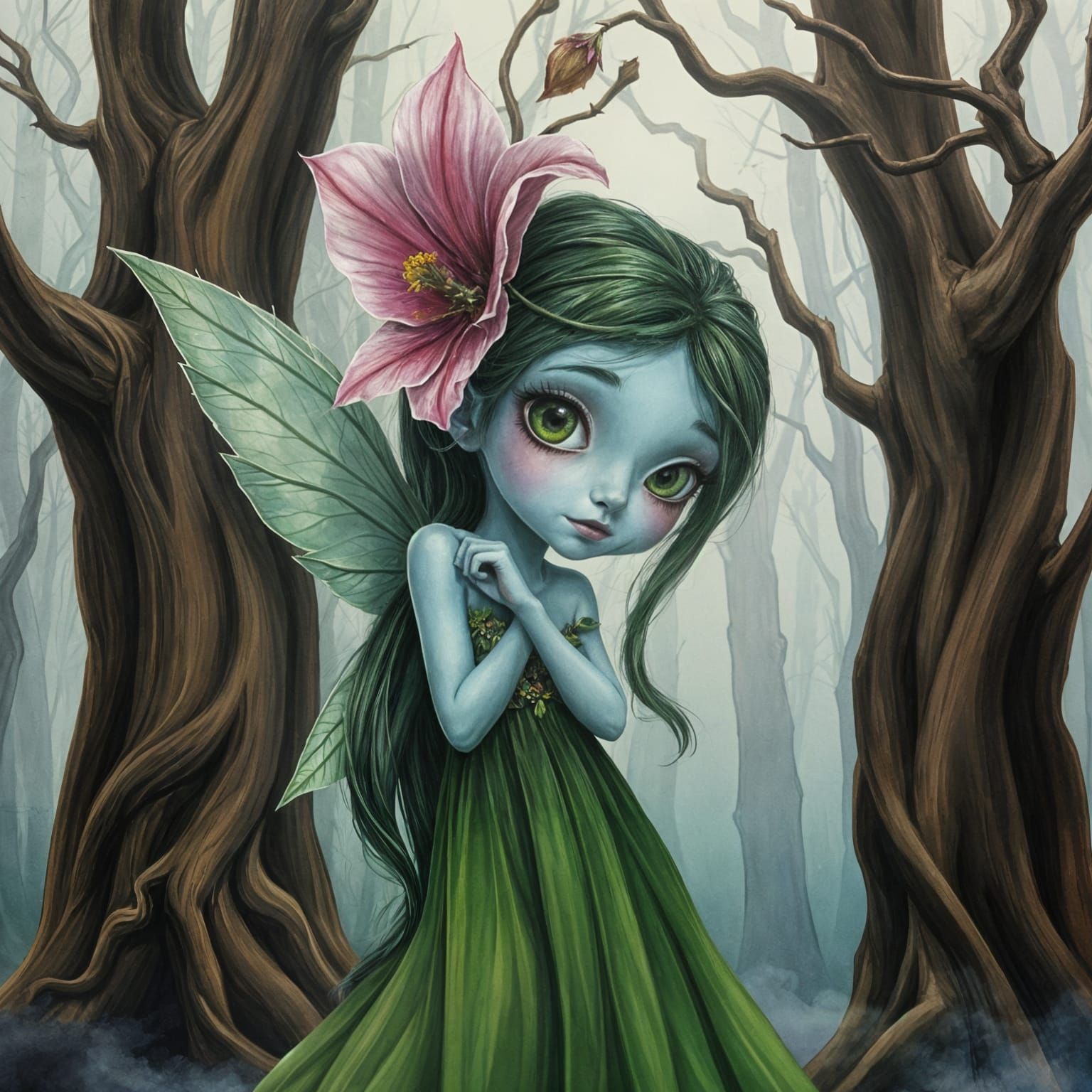 Blue Pixie in Watercolor Charcoal Forest