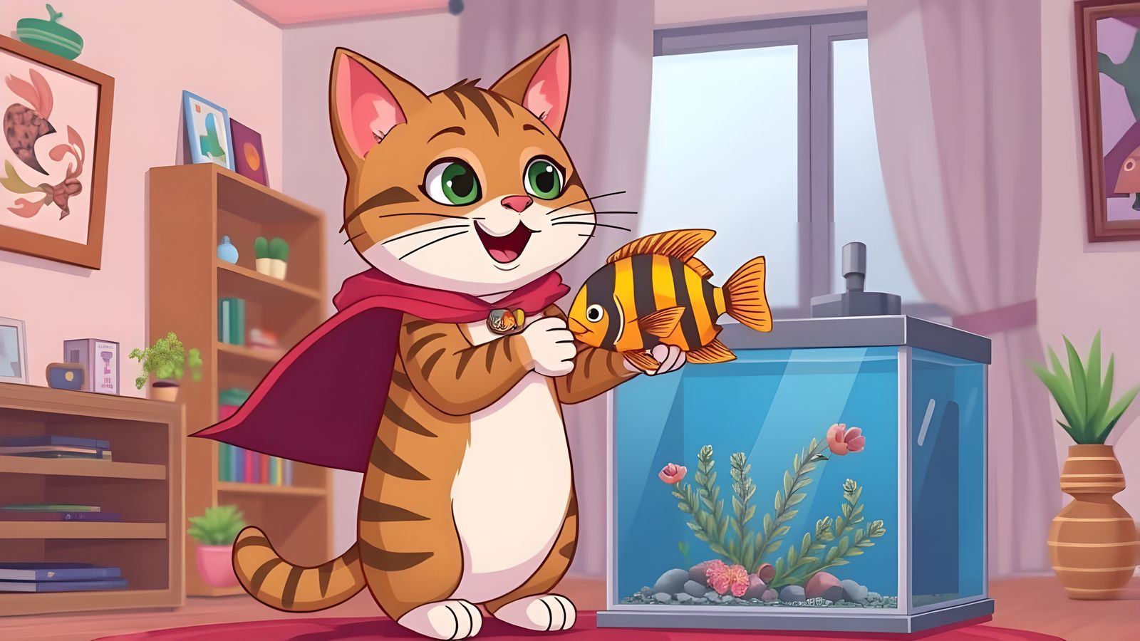 Tabby Cat Saves Tropical Fish in Cartoon Aquarium Adventure