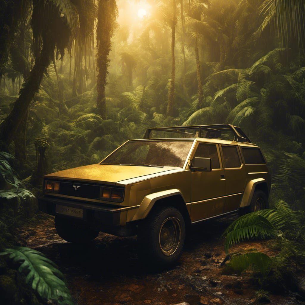 Abandoned Golden Tesla Cybertruck in Rainforest