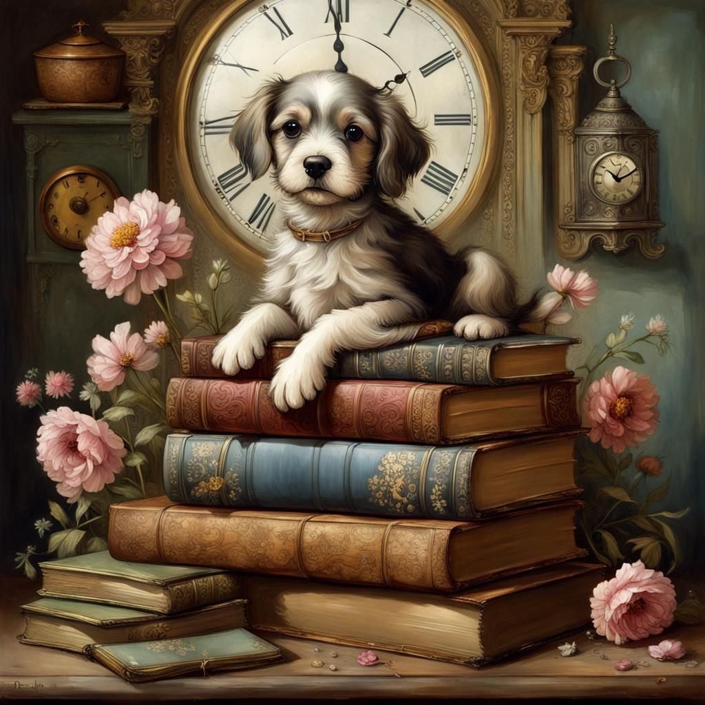 Adorable Puppy with Antique Books, Detailed Matte Painting