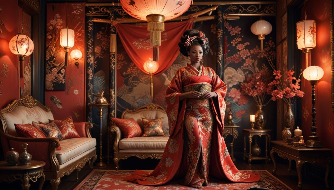 African American Oiran Courtesan in Opulent Boudoir